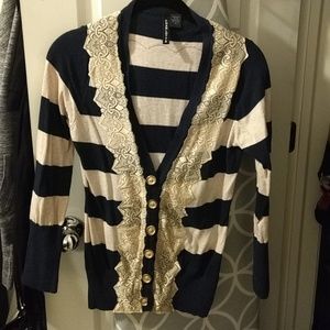 Navy & beige cardigan with lace and gold buttons